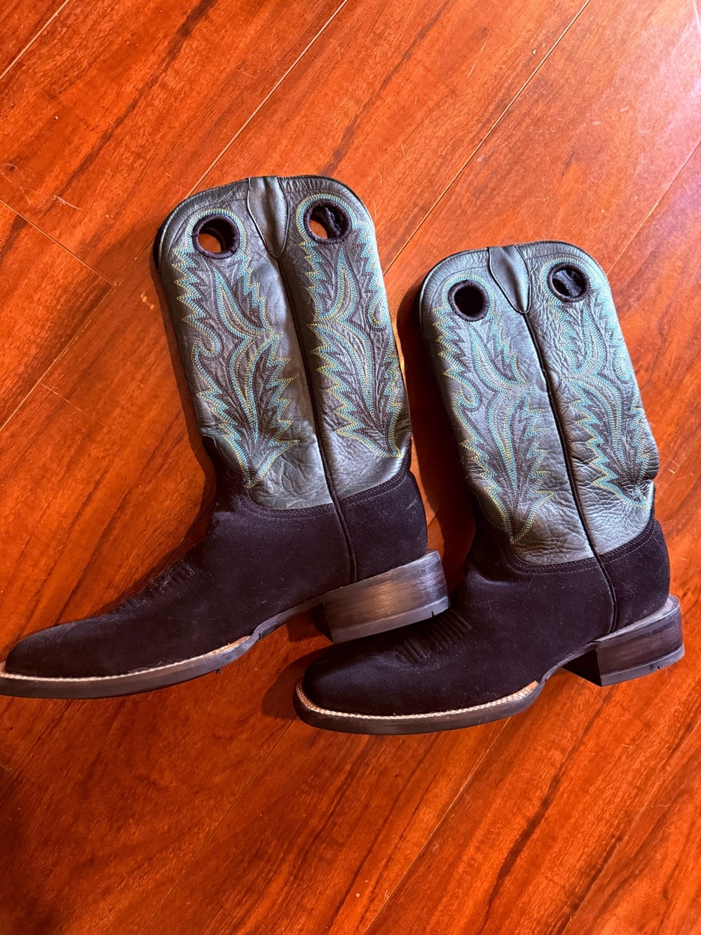 Azulado Black Suede Cowboy Boots with Teal Stitching Size 13